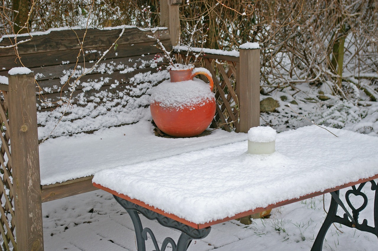 winter garden bench snowed in free photo