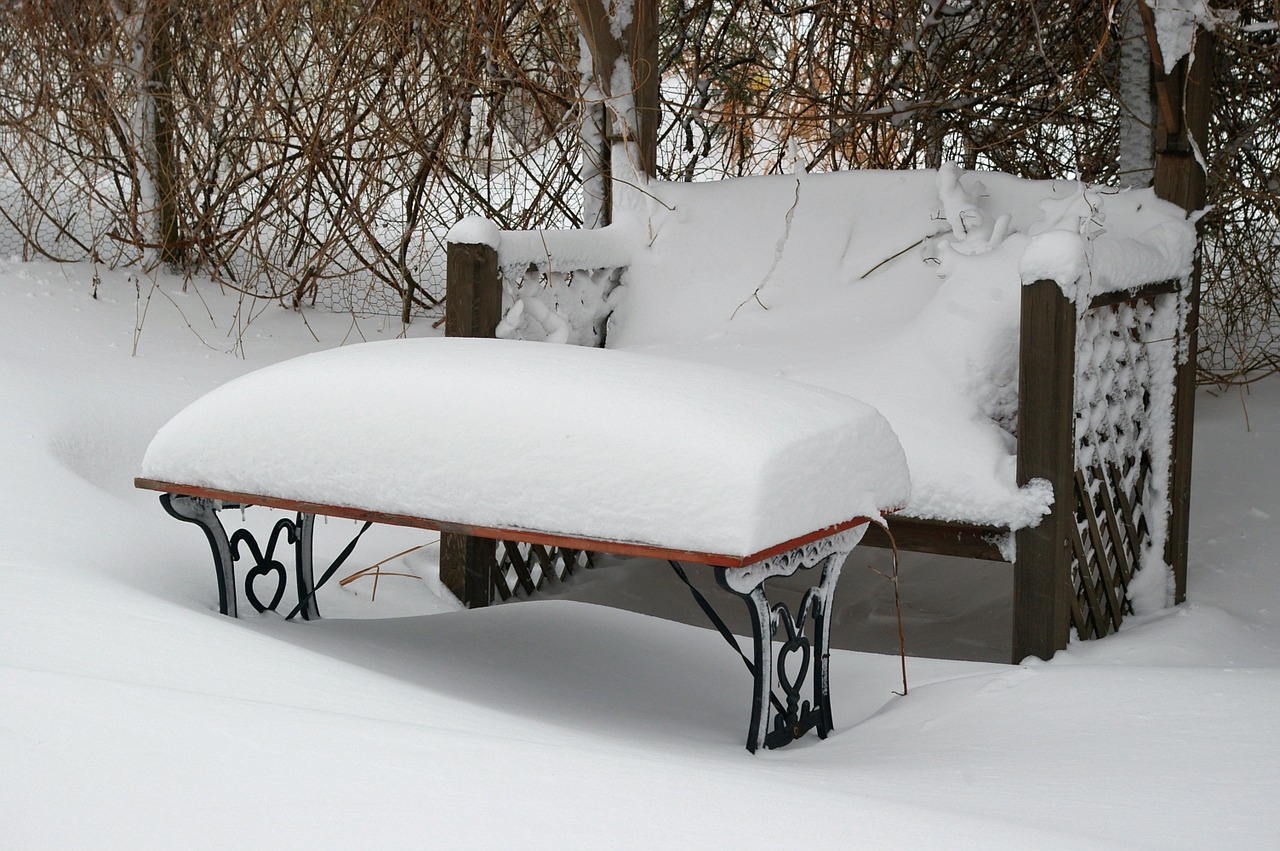 winter garden bench snowed in free photo