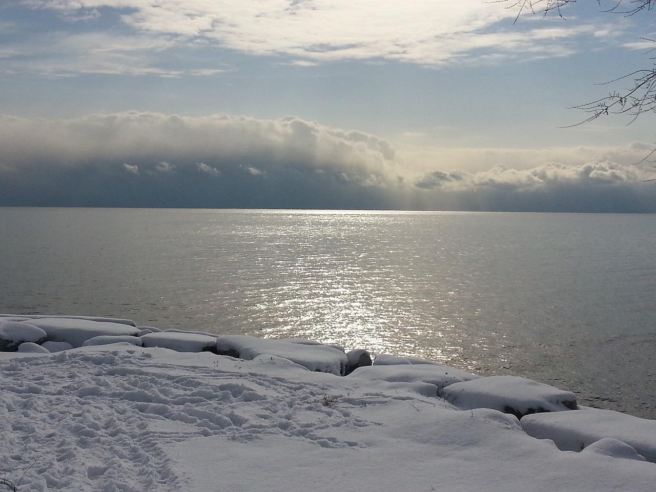 winter shoreline cold water snow free photo