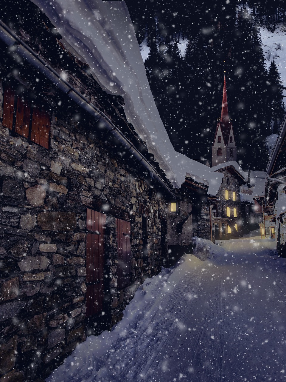 winter village evening night free photo