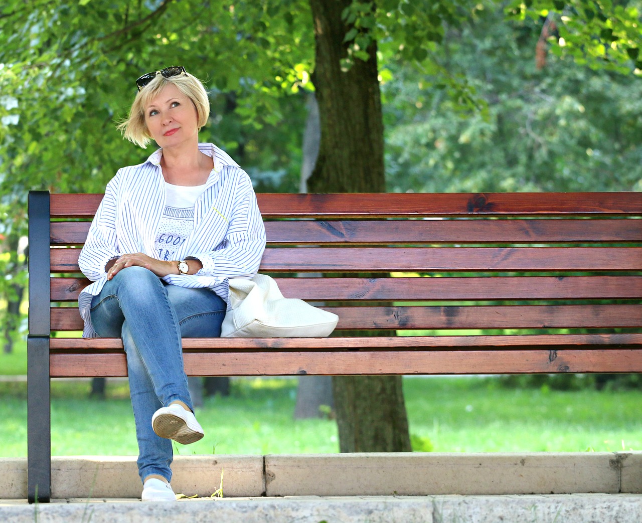 woman bench stand by free photo