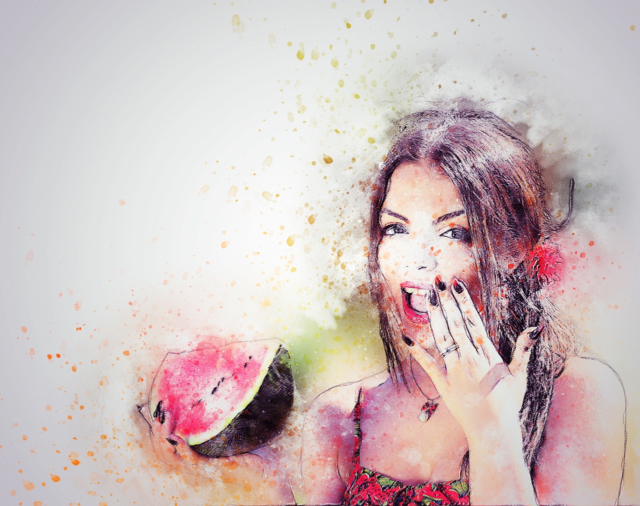 woman woman eating watermelon art free photo