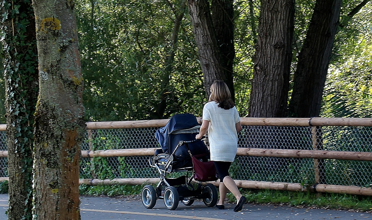 woman baby carriage pedestrian way free photo