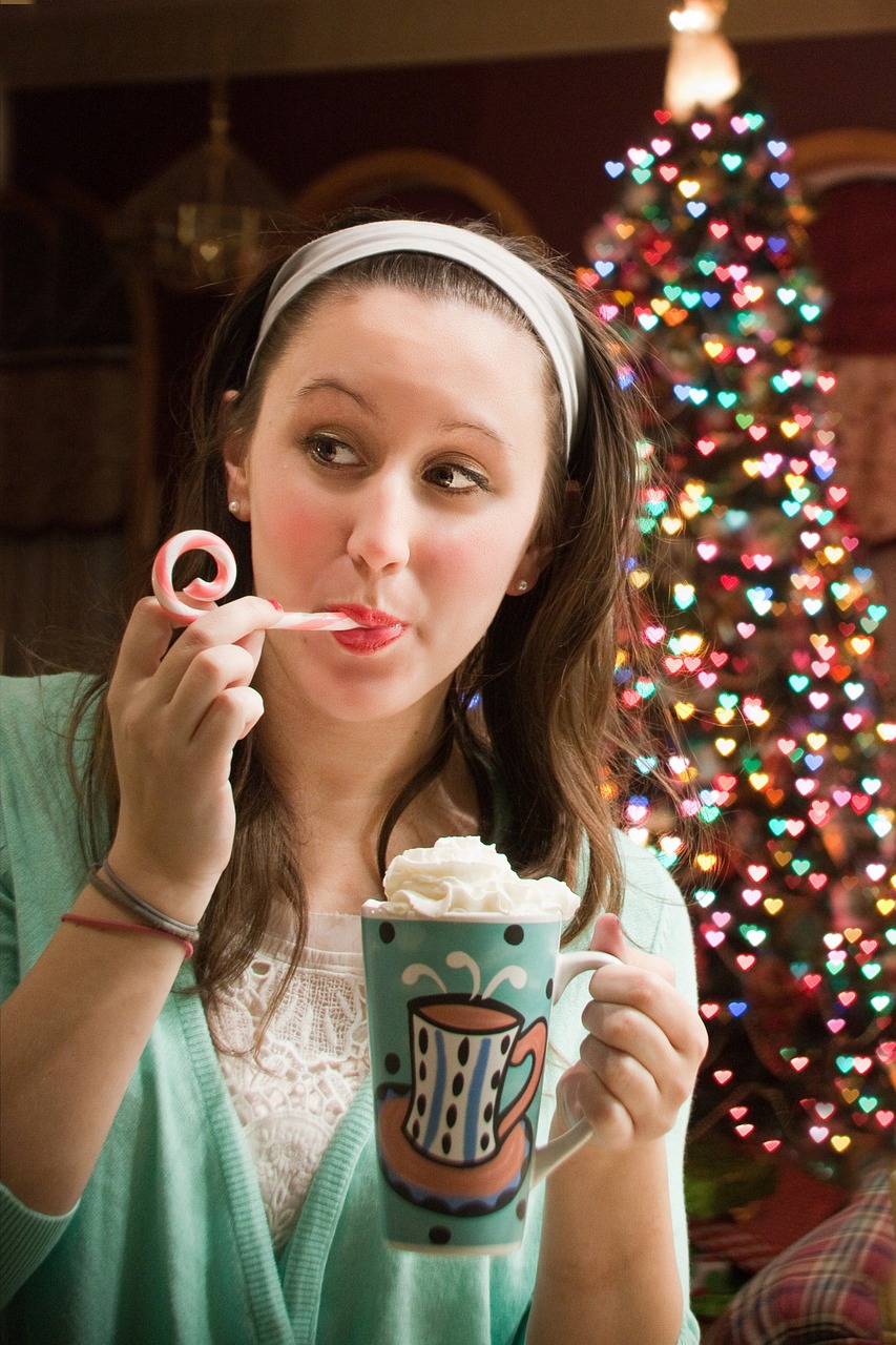 woman drinking hot chocolate christmas tree christmas free photo