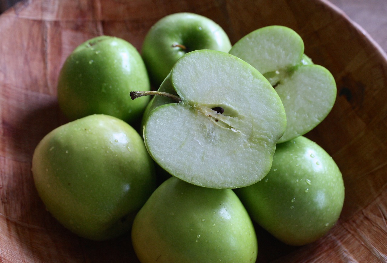 wood bowl green apples green free photo