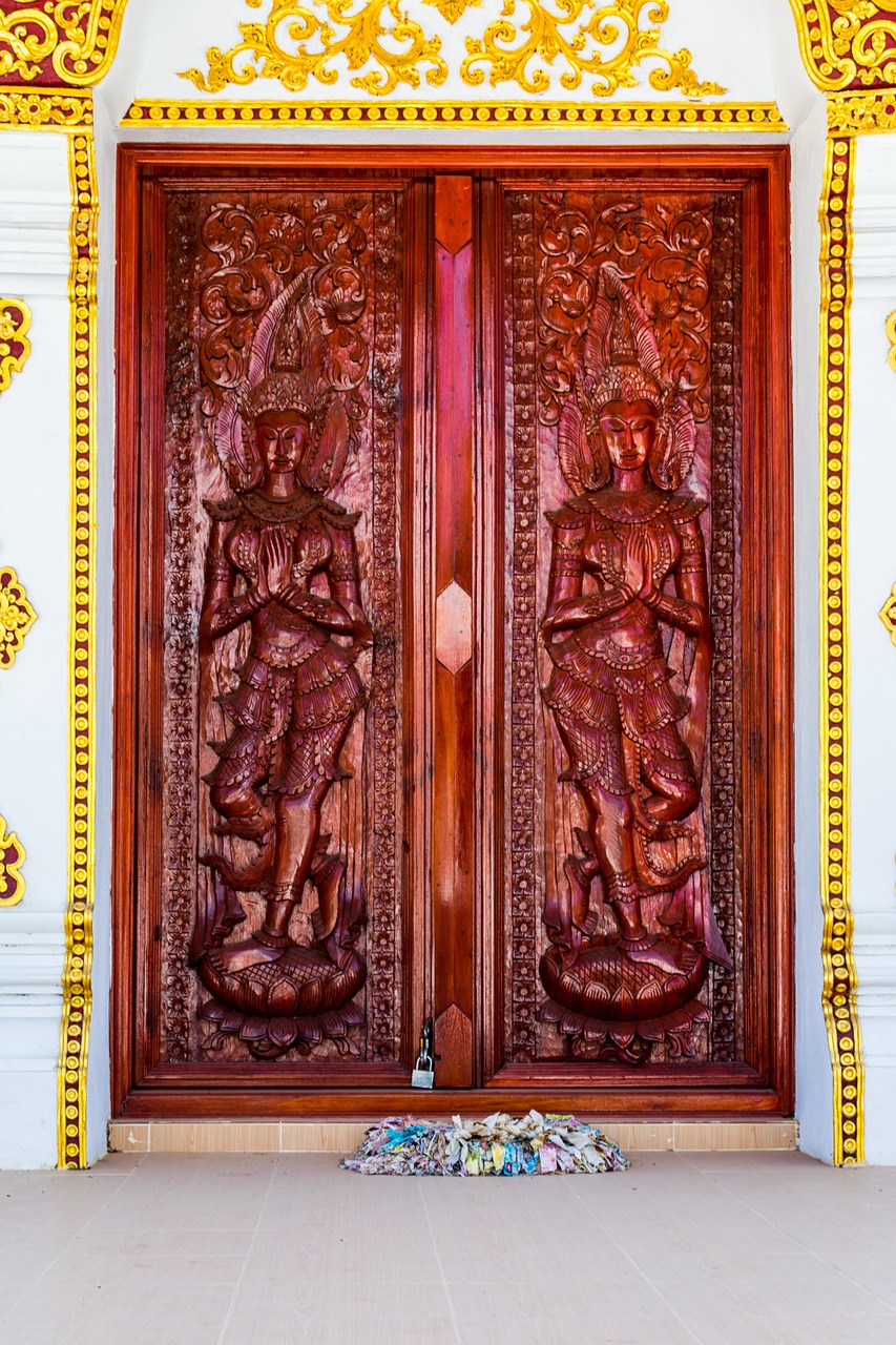 wood carving door temple complex free photo