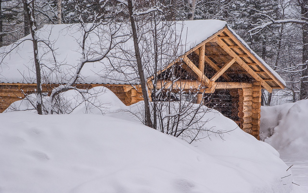 wooden house logs snowfall free photo