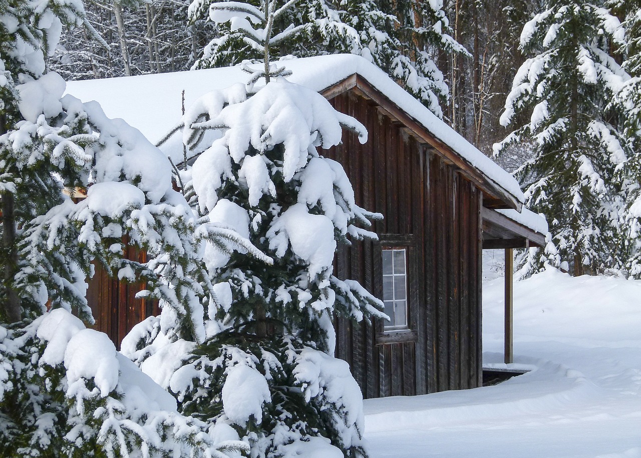 wooden hut cabin winter free photo