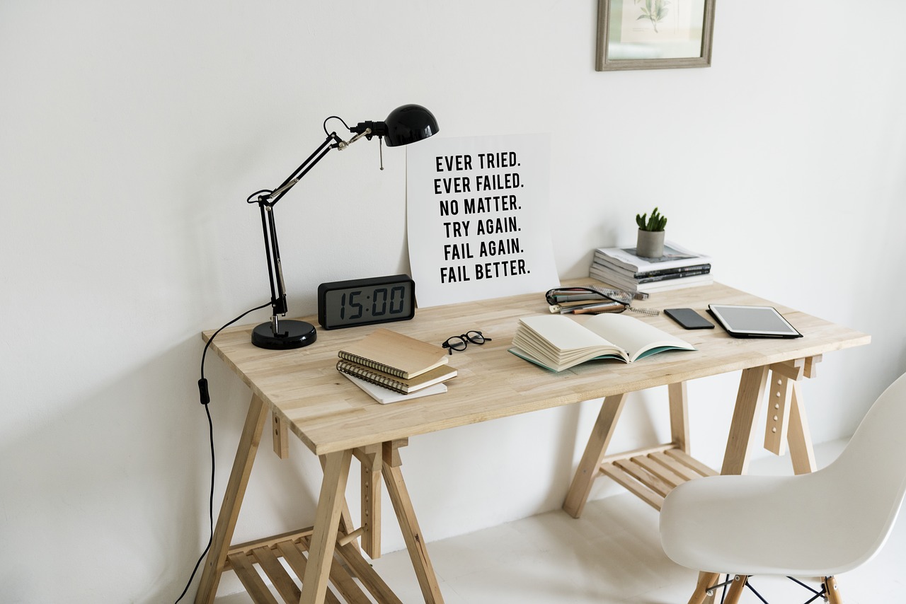workspace wooden table lamp free photo