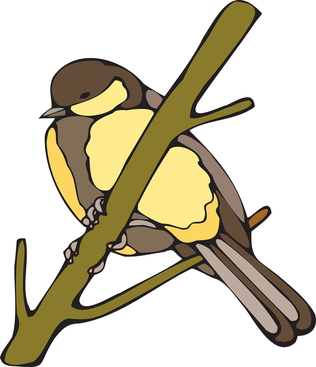 yellow,bird,branch,nut,hatch,wings,beak,feathers,perched,free vector graphics,free pictures, free photos, free images, royalty free, free illustrations, public domain