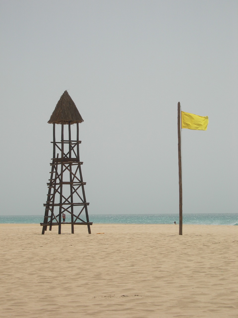 yellow flag warning sandy beach free photo