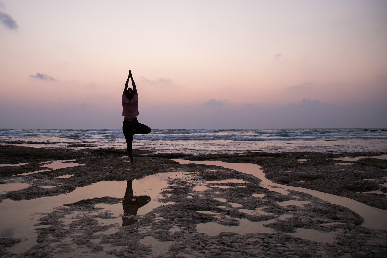 yoga  beach  reflection free photo
