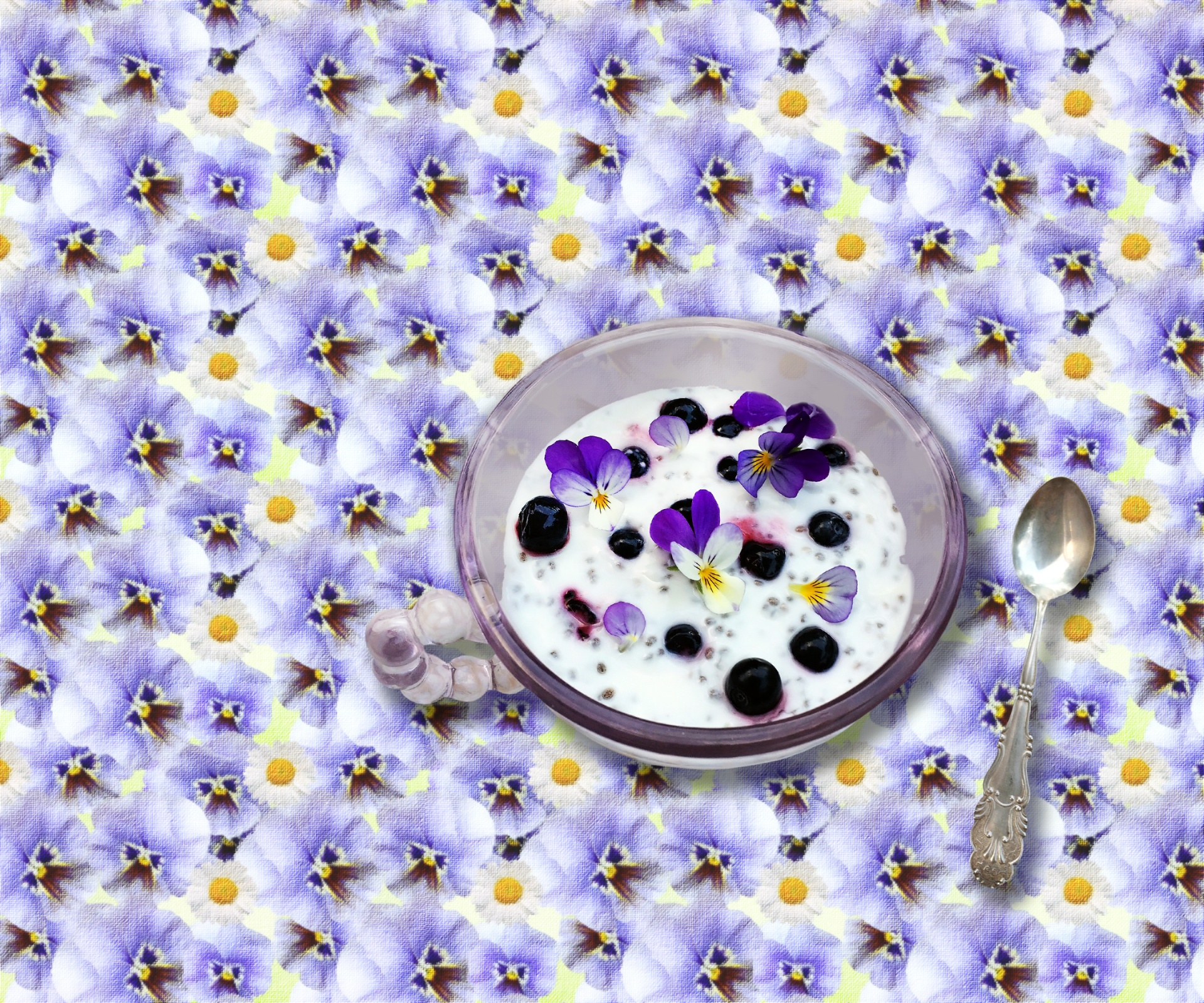 yogurt blueberries pansy free photo