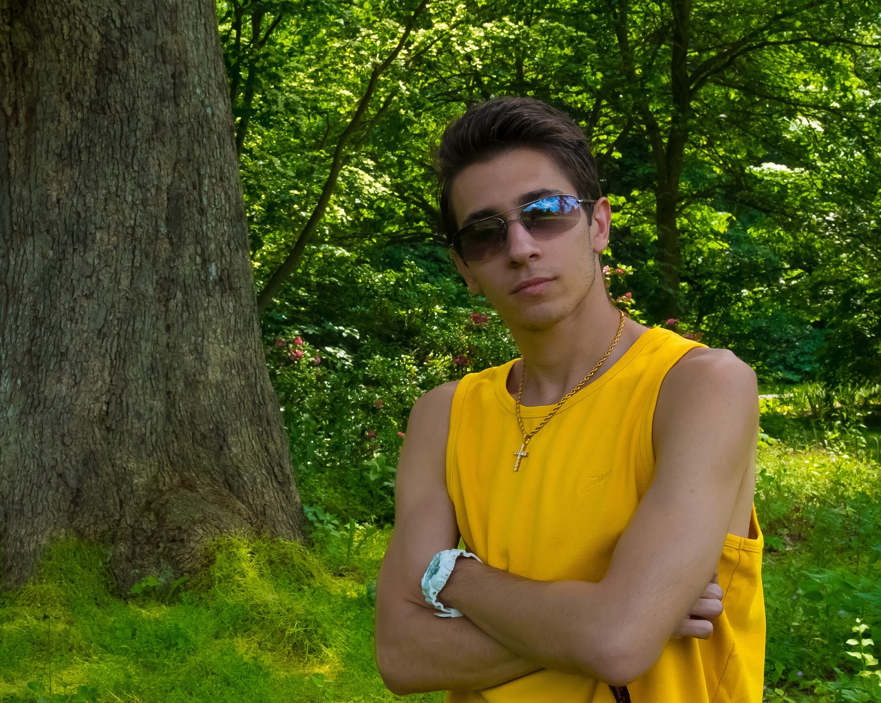 young man  sunglasses  trees free photo