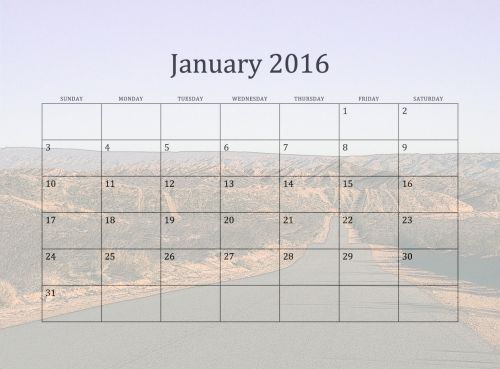 2016 January Monthly Calendar