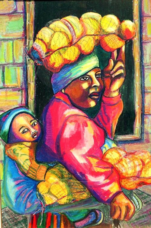 acrylic painting selling oranges mother and baby