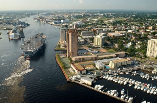 aerial view harbor cityscape