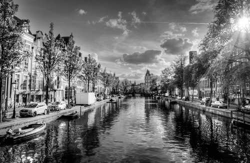 amsterdam  canal  black and white