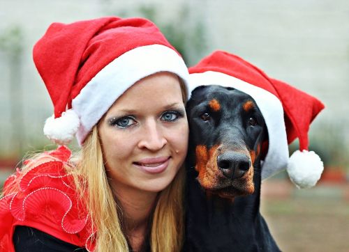 santa claus woman doberman