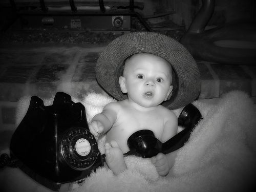 baby old telephone portrait