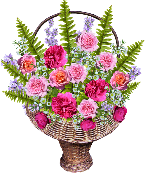 basket with roses ferns