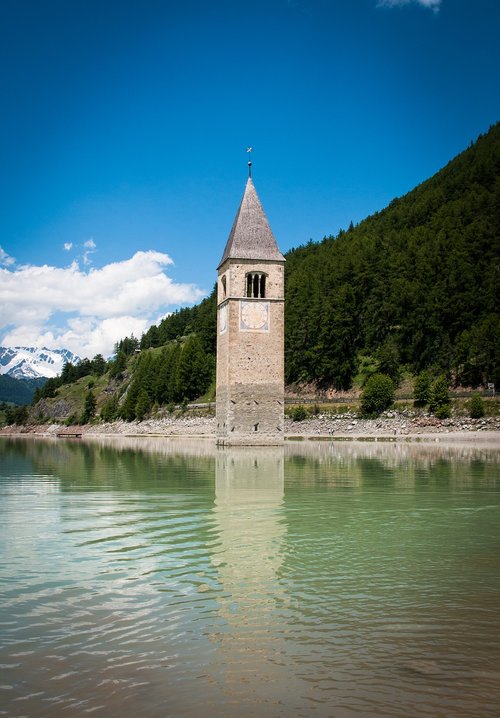 bell tower  rechensee  lake