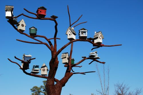 bird houses steel tree sculpture