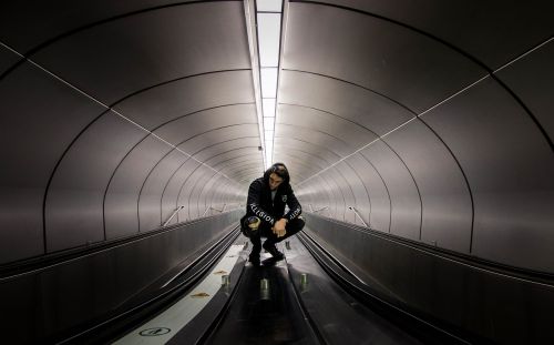 black and white tunnel people