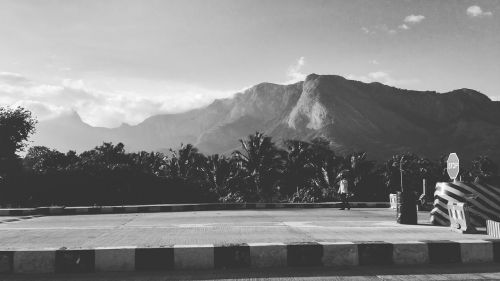 black and white road mountain