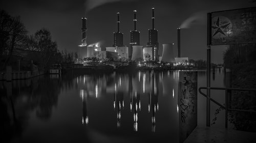 black and white  power plant  water reflection
