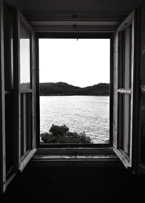 black white  window  river