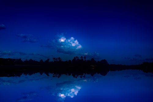 blue night sky reflection  mirroring  clouds