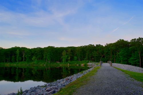 bridge lake sunset