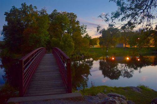 bridge pond sunset
