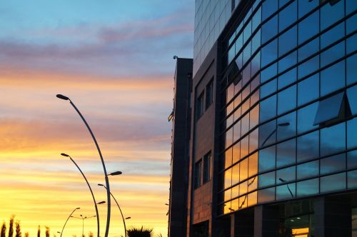 building glass sunset