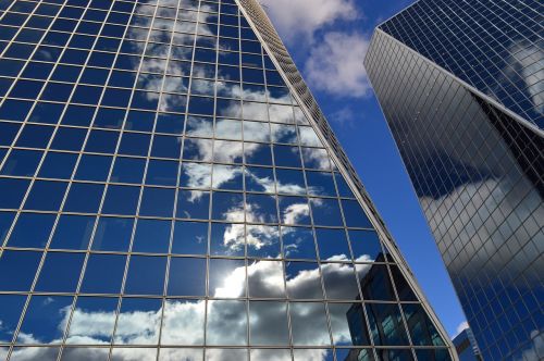 buildings clouds reflection