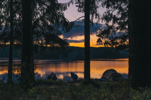 camping lakeside sunset