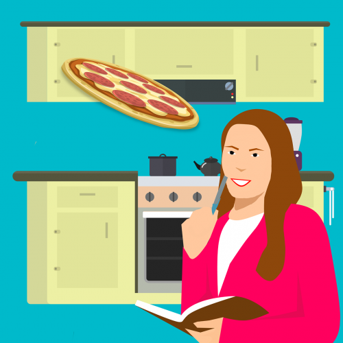 cartoon woman at kitchen woman thinking of pizza