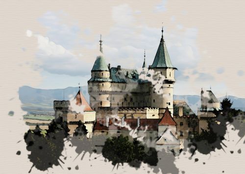 castle watercolor ink