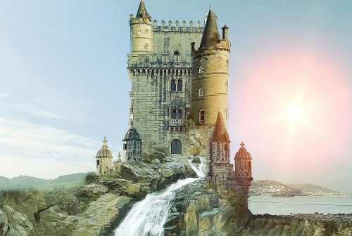 castle waterfall fantasy