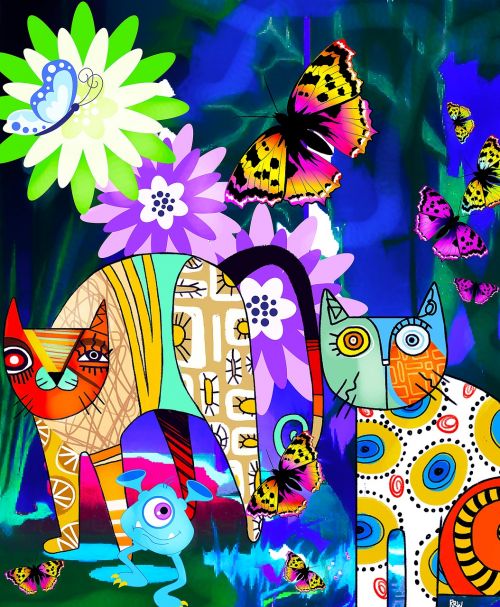cats abstract art butterflies