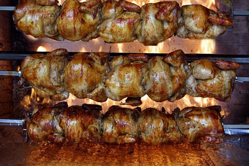 chickens roasting rotisserie