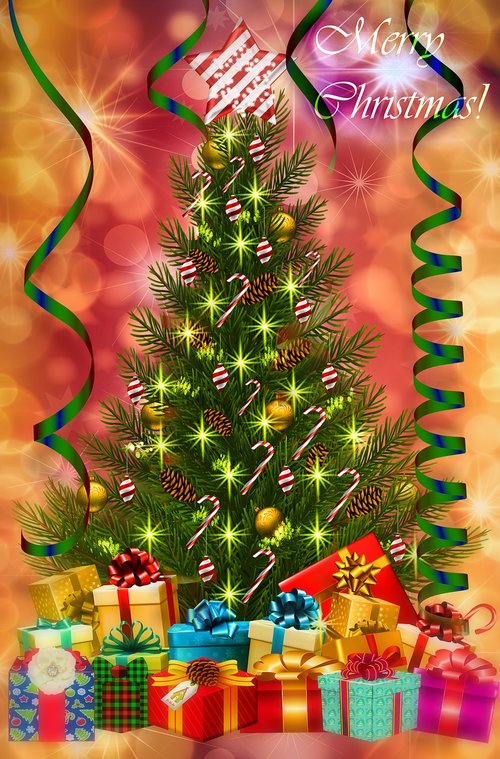 christmas card  christmas tree  gifts