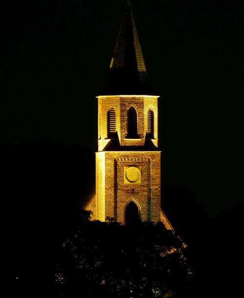 church steeple illuminated