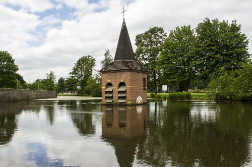 church tower water landscape