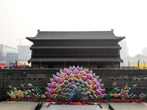 city gate tower lantern peacock