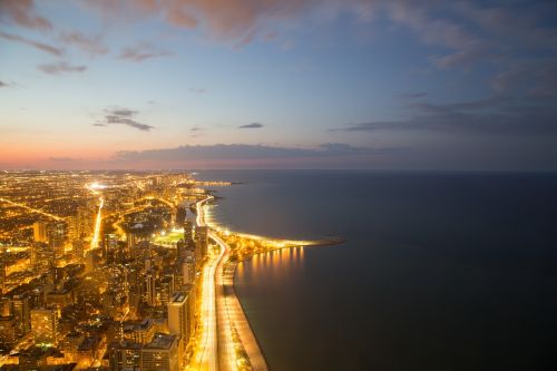 city skyline night chicago