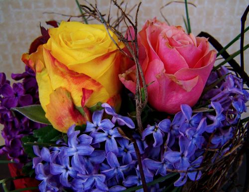 colorful bouquet yellow and pink roses blue hyacinth