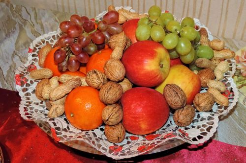 colorful plate fruit nuts