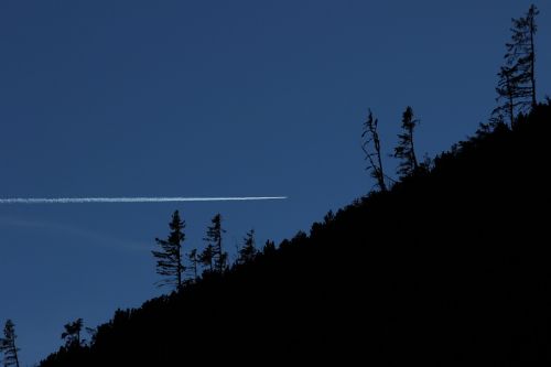 contrail forest in the mountains sky